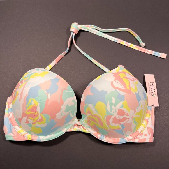 Victoria Secret 36B Bombshell Push Up Bikini Top Adds 2 Cups Blue Pink Pastel - Picture 1 of 6